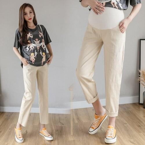 Maternity Pants Summer Thin Solid Color Cotton and Linen Adjustable Elastic Waist Belly Support Pants Maternity Trousers