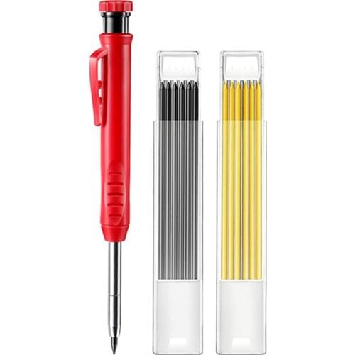 Solid Carpenter Pencil for Construction with 13 Refill Leads Built-in Sharpener, Long Nosed Deep Hole Mechanical Pencil