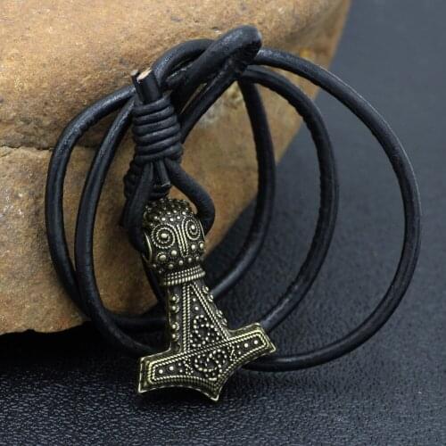 Youe shone Real Leather Brozen Mjolnir Thor hammer Viking Amulet Hammer Scandinavian Norse Bracelet Jewelry