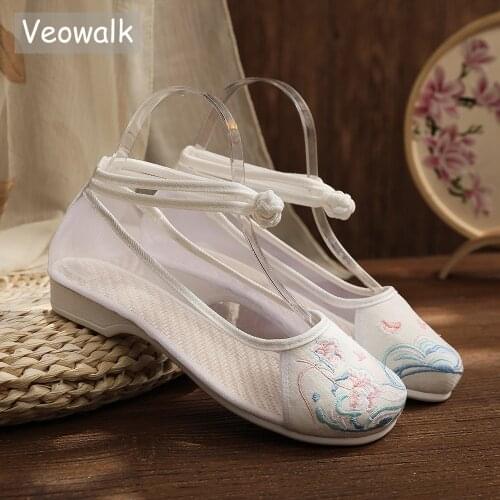 Veowalk Ankle Strap Summer Women Gauze Hanfu Flat Shoes Cotton Embroidered Ladies Breathable Casual Ballet Flats Costume Shoes
