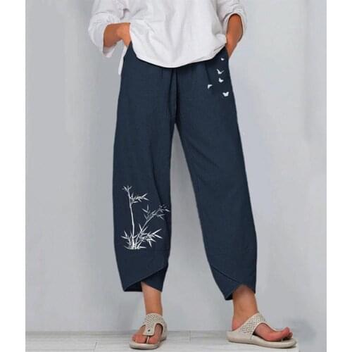 Women Loose Yoga Pants Bamboo Print Irregular Trouser Leg Pocket Wide Leg Ninth-Length Harem Pants Streetwear for Daily Life