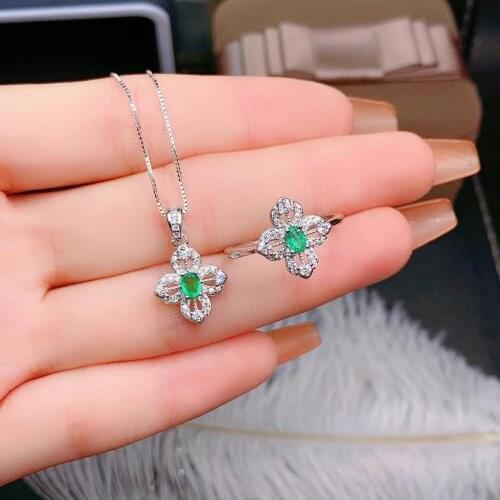 Fashion grace Clover Hollowed Natural green Emerald jewelry sets natural gem ring Pendant S925 silver woman girl gift jewelry