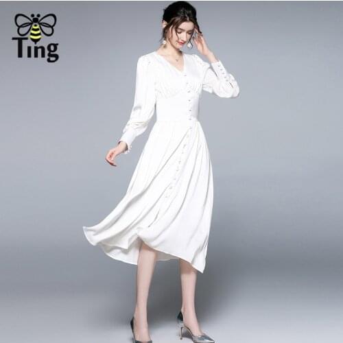 Tingfly Vintage Elegant Button Decor Midi Long Women White Dress Casual Office Style Work A Line Dress Vestidos Plus Size Chic