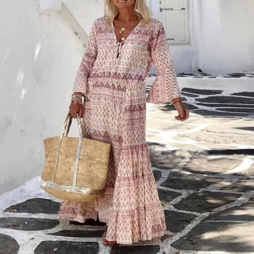 2021 Spring Summer Geometric Print Maxi Dress Fashion Bohemian Harajuku V-Neck Long Dress Women 3/4 Flared Sleeve Beach Dresses
