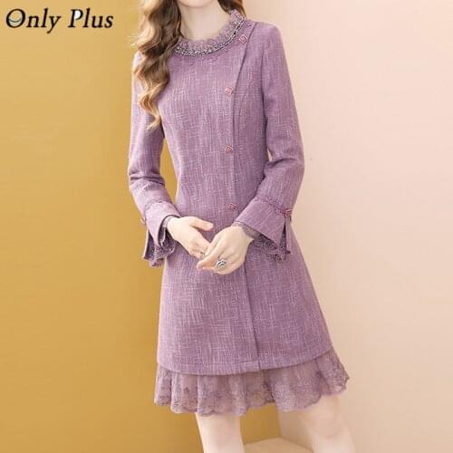 Only Plus Womens Purple Dress 2021 New Autumn Fashion Lace Ruffles Button Up Elegant Flare Sleeve A-line Slim Skirt Vestidos