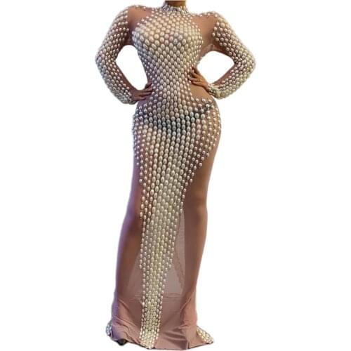 New Rhinestones Pearls Transparent Long Dress Birthday Celebrate Dress Mesh Outfit Bar Women Dance Prom Dance Star Dresses