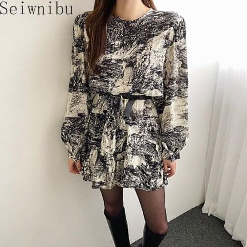Korean Fall Button Long Sleeve Vintage Ink Contrast Print High Waist Wide A-Line Mini Dress Women Sexy Elegant Fashion Chiffon