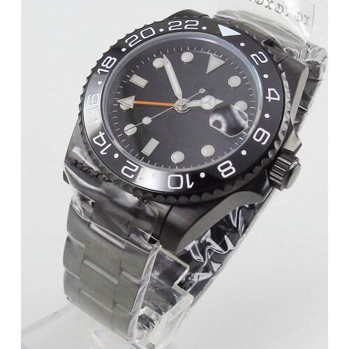 40MM Sterile Dial Steel PVD Coated Sapphire Glass Date GMT Mechanical Clear Glass Back Automatic Mens Wristwatch