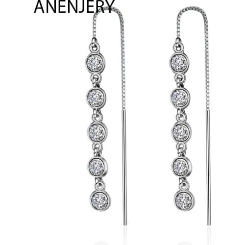 ANENJERY 925 Sterling Silver Sparkling Cubic Zircon Long Tassel Earrings Ear Line Drop Earring For Women Party S-E1081