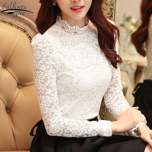 2021 White Lace Shirt Long Sleeve Women Shirts Plus Size 4XL Fashion Woman Blouses Korean Vintage Office Lady Style Blusas 1695