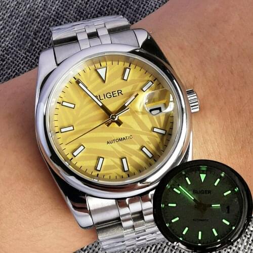 BLIGER 36mm/39mm Dress Yellow Palm Watch Dial NH35A Automatic Wristwatch Jubilee Bracelet Luminous Index Sapphire Crystal
