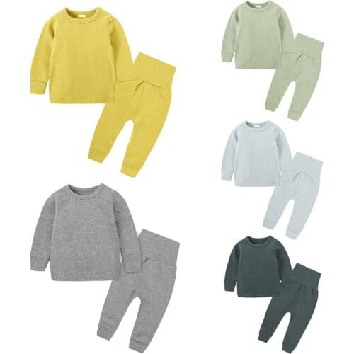 Childrens Long Pant Sets Boys Cotton Thick Sleepwear High Waist Trousers Solid Crewneck Tee Sleep Suit Infant Winter Home Robes