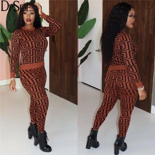 DPSDE Black White Brown Household Skinny Two Pieces Women Set Autumn Full Sleeve Bodycon Casual Top O Neck New 2020 Running Suit