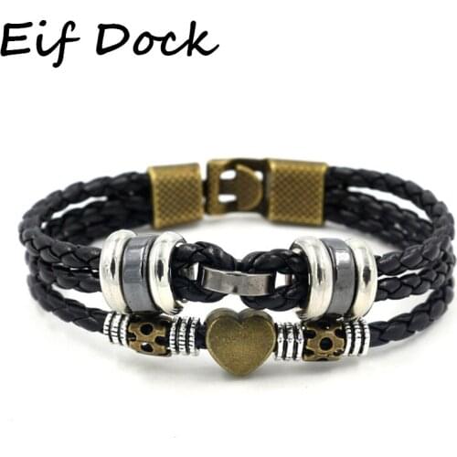 Eif Dock Fashion Adjustable Multilayer Leather Bracelet Men Male Handmade Wrap Rope Love Heart Charm Bracelet Bangles Jewelry