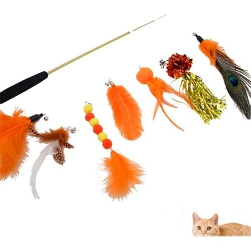 8PC Replacement Cat Feather Toy Cat Stick With Bell Cat Feather Teaser Wand Pet Kitten Interactive Toy Retractable Fishing Road