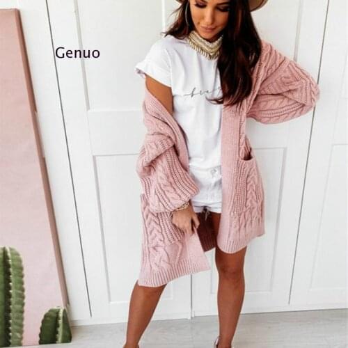 Women Casual Solid Color Twist Knit Cardigans Autumn Winter Loose Pocket Knitted Sweaters Elegant Female Streetwear Warm Clothes