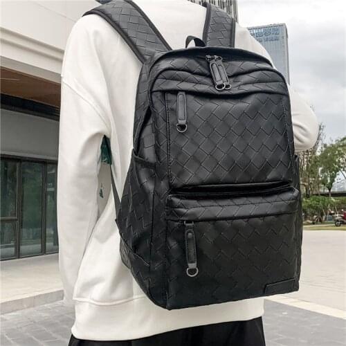 Classic Fashion Men Weaving Backpack Large Capacity Black Leather Laptop School Bag Male Travel Leisure Rucksacks Teens Daypack
