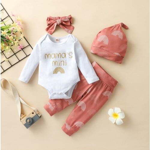 0-24M Newborn Baby Clothes Set Letter Print Long Sleeve Romper+Rainbow Trousers+Headband+Pointed Hat 4Pcs Autumn Outfits