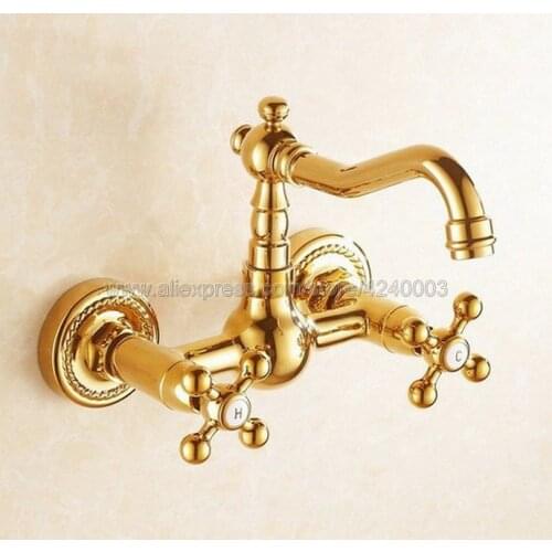 Basin Faucets Gold Brass Wall Mounted kitchen faucet Bathroom basin faucet sink Faucet Mixer Tap Dual Handle Swivel Spout Kgf019
