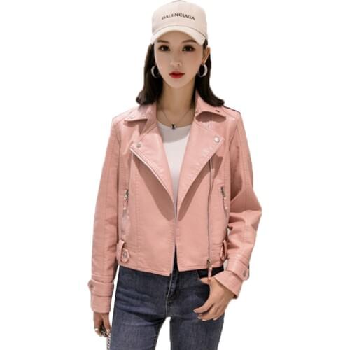 2020 Spring Autumn Faux Pu Leather Jacket Short Rivet Zipper Motorcycle Pink Jackets Coat Turndown Collar Casual Outerwear