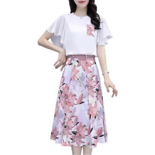 Summer Chiffon Women Set 2021 New Elegant Ruffled Sleeves Top And Floral Printed Midi Skirt Loose Slim Two-piece Female LR1431