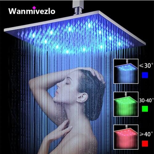 Rainfall Shower Head LED Changing 12/16" Square Brass Shower Head Faucet Bathroom Accessory Top Over-head Shower Sprayer