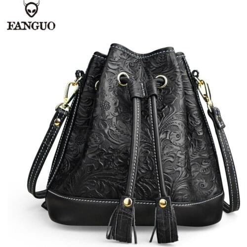 Office Ladies Bucket Bags Cow Leather Retro Shoulder Bag For Women Large Capacity Crossbody Handbags Female Bag Tote