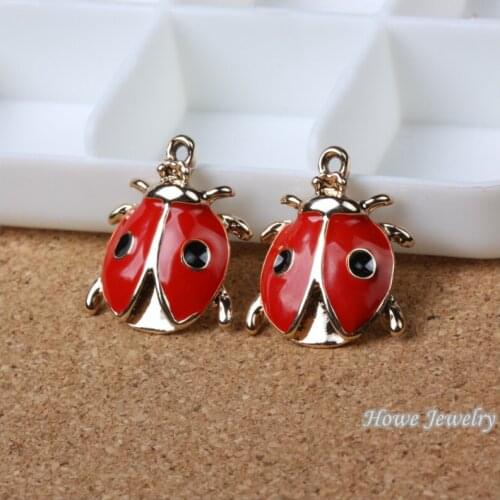 Wholesale 17 pcs Enamel Alloy Gold-color Jewelry Ladybug Pendants charms for bracelet necklace DIY jewelry making JC-761