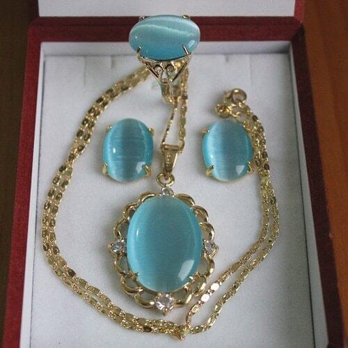Wholesale elegant 18kgp Inlay sky blue opal pendant necklace earring & ring jewelry set jade