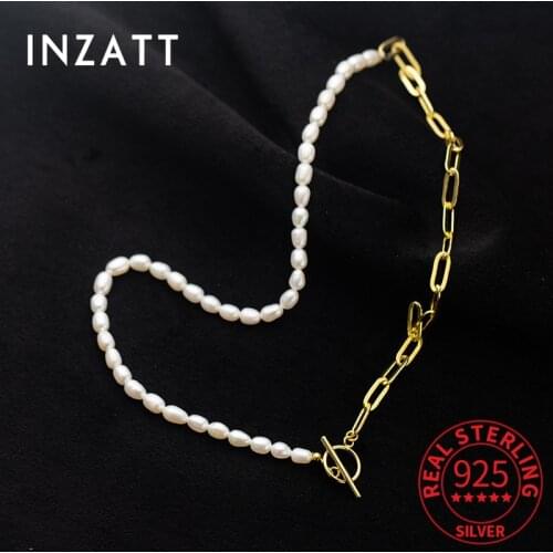 INZATT Real 925 Sterling Silver Irregular Pearl Round Asymmetry Chain Choker Necklace For Women Cute Fine Jewelry Accessories
