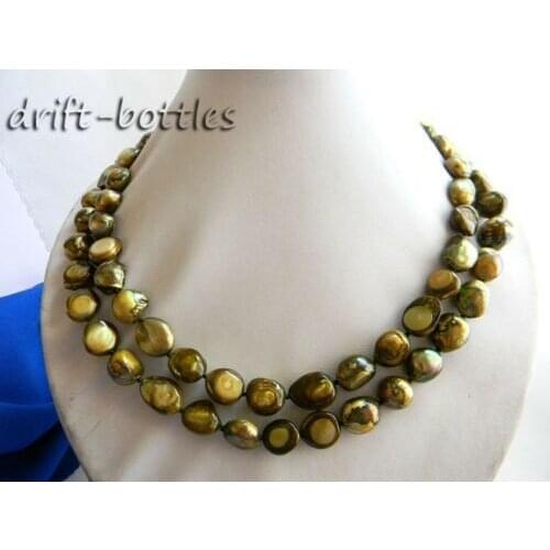 2Strands 18'' 12mm Green Baroque Freshwater Pearl Necklace