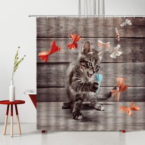Lovely Play Cat Shower Curtain Animal Learn Dog Machine Washable Bathroom Decor Curtains Set With Hook Home Bathroom Supplies
