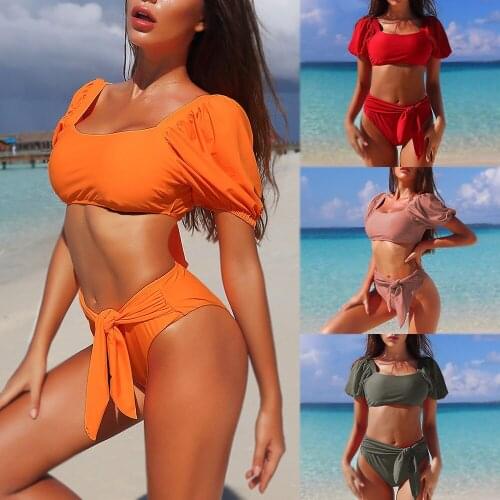 Summer new European and American sexy ladies split swimsuit hot sale mid-waist tube top bow print two-piece bikini suit swimwear