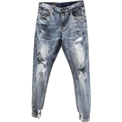 Ripped denim jeans men spring and summer 2021 Fashion slim stretch student feet ripped hole teenager pencil pants men