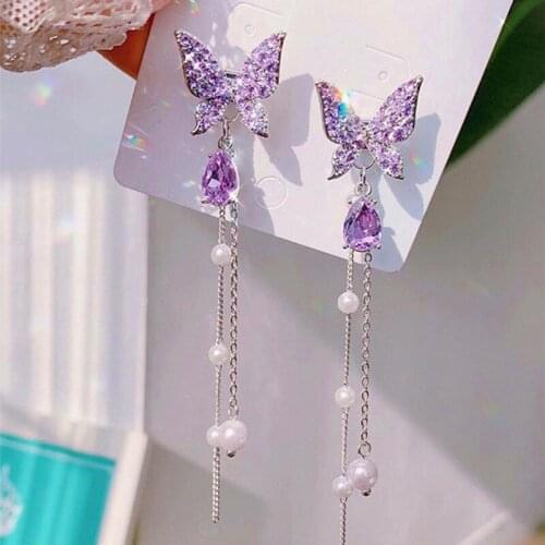 Korean Shiny Butterfly Rhinestone Drop Earrings For Women Elegant Pearl Tassel Pendientes Party Jewelry