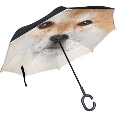 Cute Shiba Inu Reverse Umbrella Double Layer Printing Inverted Windproof C-Hook Hands Rain Car Large Umbrellas for Cars