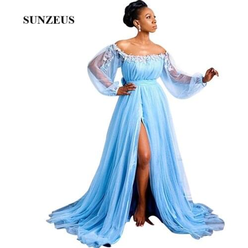 Blue Tulle Evening Long Dresses Fairy Flowers Off Shoulder Party Gowns Puffy Long Sleeves Formal Dress With Slit