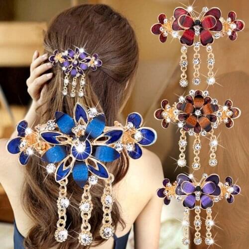 Rhinestone Flower Tassel Hair Claws Clips Clamp Women Luxury Chinese Palace Crystal Butterfly Alloy Hairgrip Hair Crab Wholesale