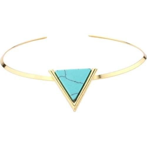 Light Yellow Gold Color Alloy Geometric Green Turquoises Stone Pendant Choker Necklace Fashion Jewelry