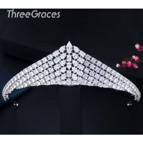 ThreeGraces Brilliant Cubic Zirconia Big Wedding Tiara Ladies Crowns for Brides Hair Accessories Party Costume Jewelry HA019
