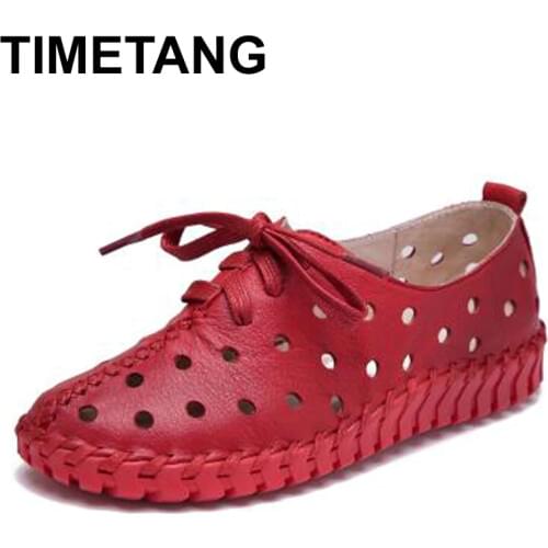 TIMETANG New Summer Women Sandals Handmade Shoes Genuine Leather Flat Lacing Breathable Shoes Woman Hollow Out Soft Sandals