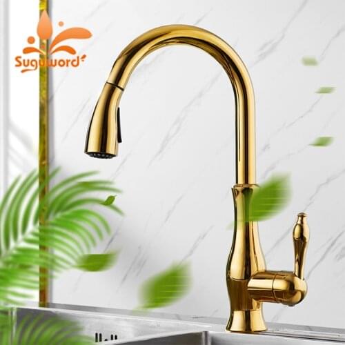 Suguword Golden Kitchen Faucet 360 Degree Rotation Luxurious Style Hot and Cold Water Kitchen Sink Mixer Taps