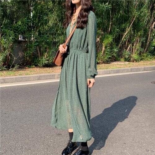 2021 A-line Plus Size Midi Dress Vestidos Femme Spring Polka Dot Vintage Women Dress Green Elastic Waist Female Long Dress 9886