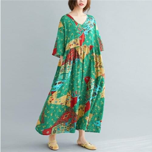 Johnature 2021 New Summer casual Plus Size Bohemia V-neck Print Flare Sleeve Women Dresses korean Loose Pockets Female Dress