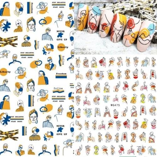 1 Sheet Woman Abstract Nail Art 3D Stickers Line Face Nail Decals for Nails Girl Floral Manicure Design DIY Painting Line Tattoo