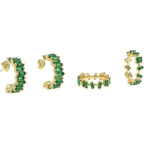 2021 Gold Filled Fashion Green Color Bar Eternity Band Rings Square Baguette Cz Engagement Earrings For Women Charm Jewelry Sets