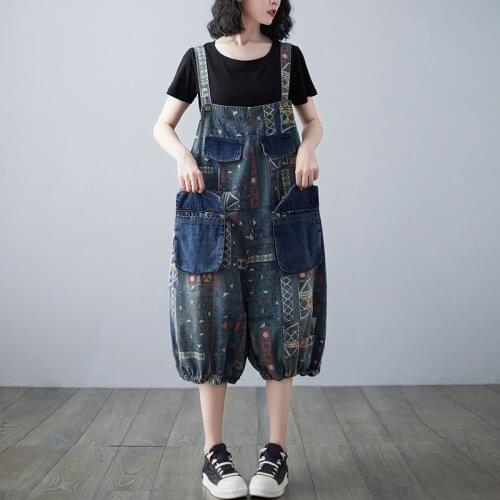 #2398 Vintage Wide Leg Playsuits Women Loose Printed Rompers Womens Multi-pockets Casual Overalls Women Summer Short Jumpsuits