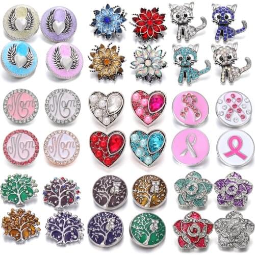 6pcs/lot New Snap Jewelry 18mm Snap Buttons Mixed Angel Wings Love Cat Flower Snaps Buttons Fit Snap Button Bracelet Necklace