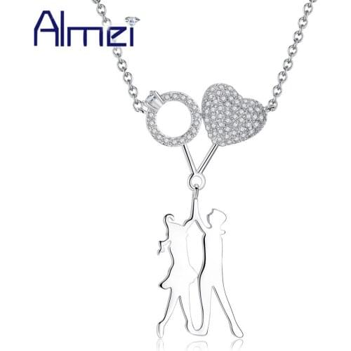 Almei Silver Color Heart Necklace Women Man and Woman Necklaces & Pendants Pendant Fashion Jewelry Valentines Day Gift MN271