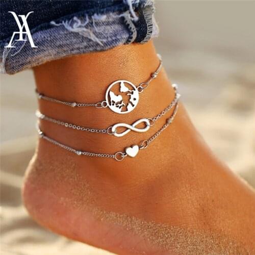 Boho Ocean Beach Multiple Layers Ankle Bracelet Vintage Travel World Map Earth Infinity Heart Anklets for Women Leg Foot Jewelry